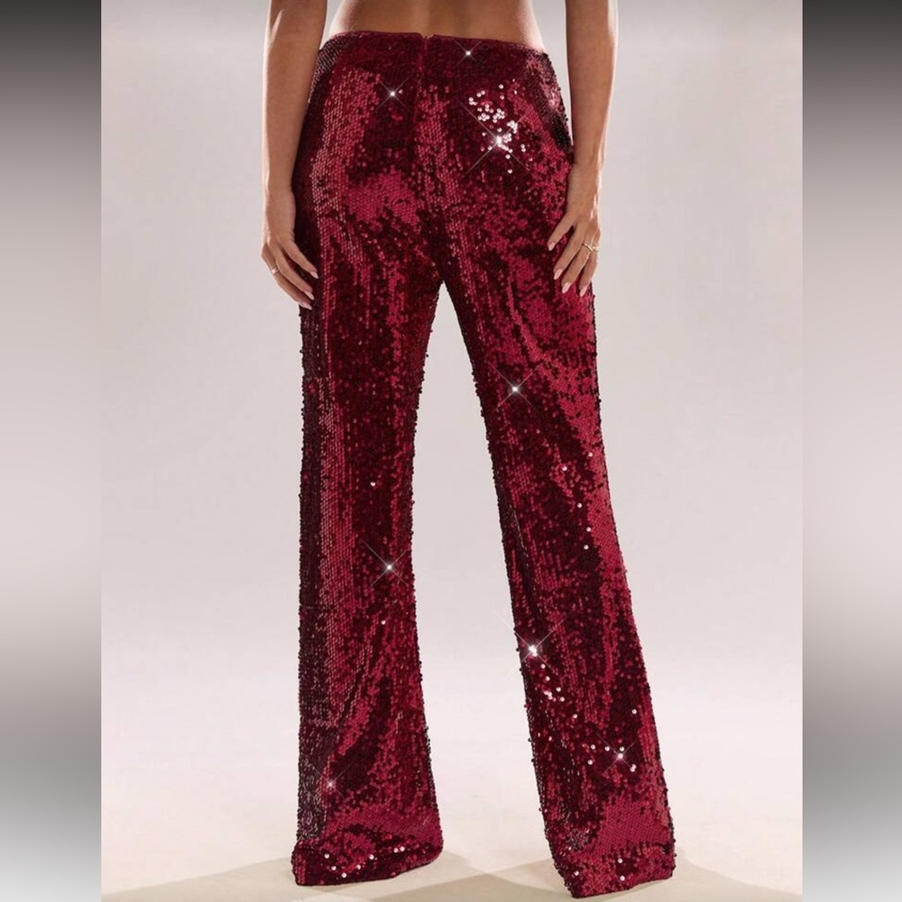 Women's Solid Red Sequin Flared Pants For Fall/Winter Perfect For Parties, - Picture 2 of 4